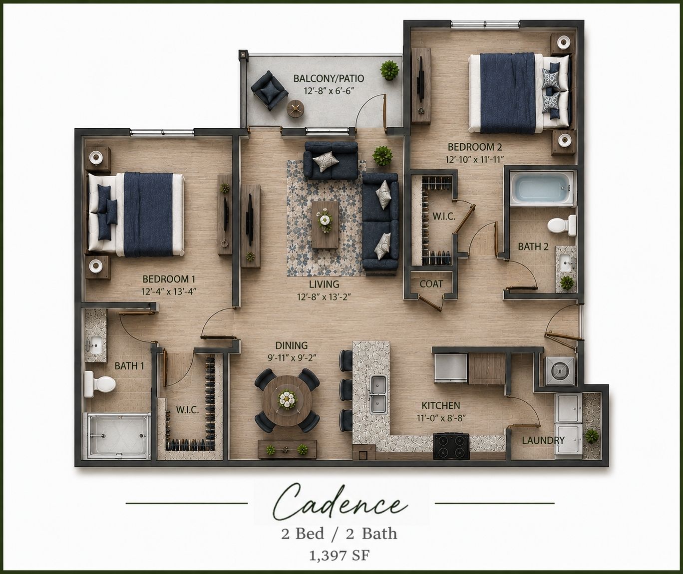 Floor plan for 2 beds, 2 baths, 1397 sqft